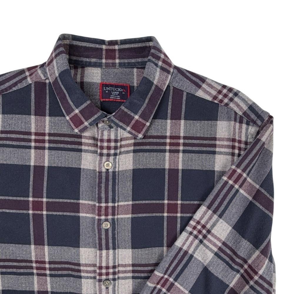 UNTUCKit Mens L Slim Fit Flannel Shirt Navy Burgundy Plaid Herringbone Cotton